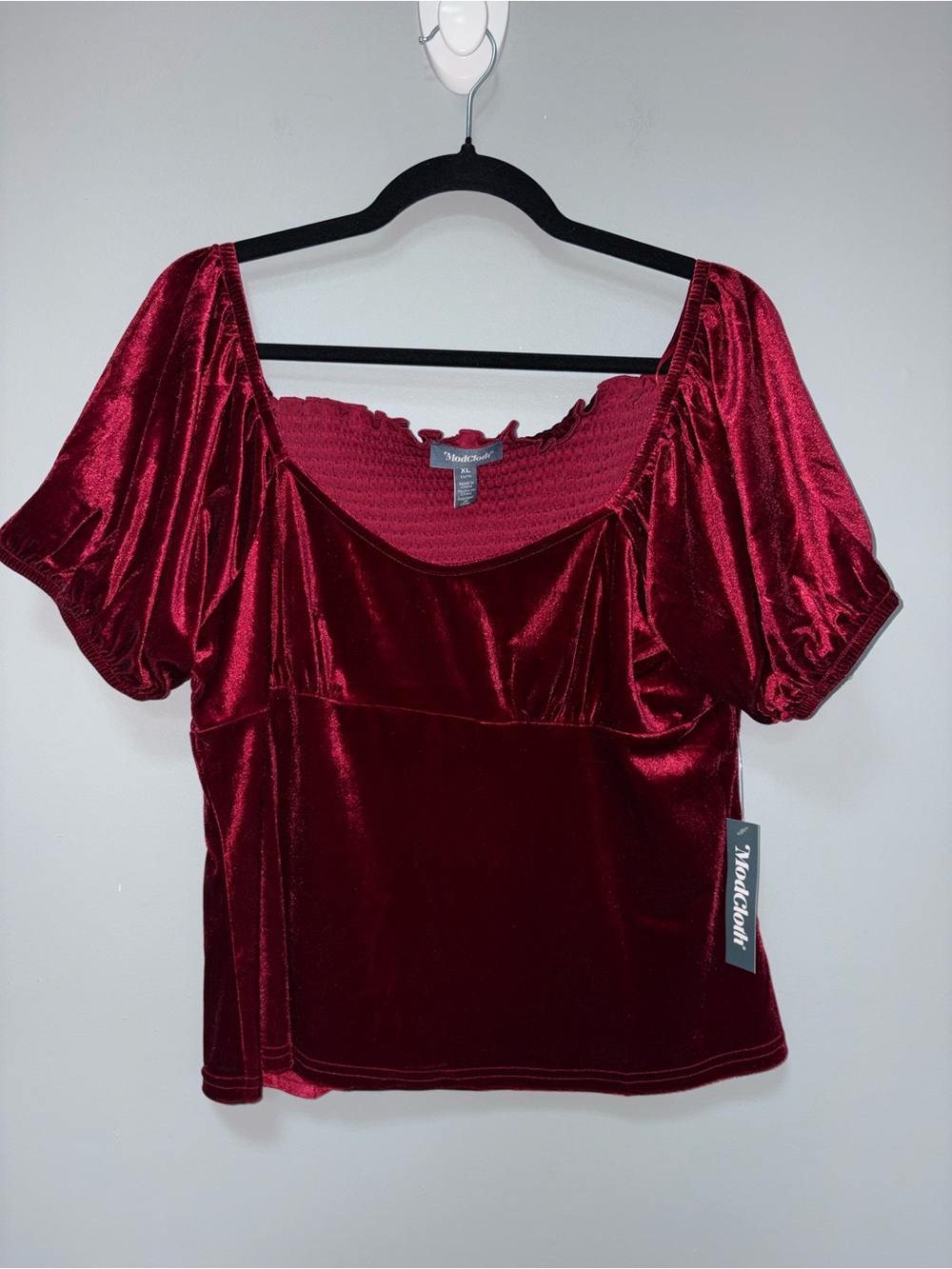 ModCloth NEW Red Velvet Puff Short Sleeve Top Deep Red Stretch Size XL